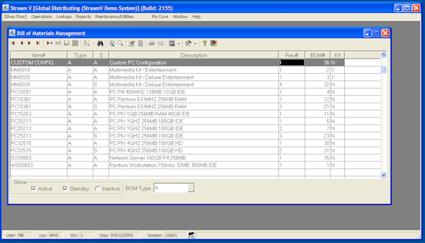 The Bill of Materials Management view in Stream V.