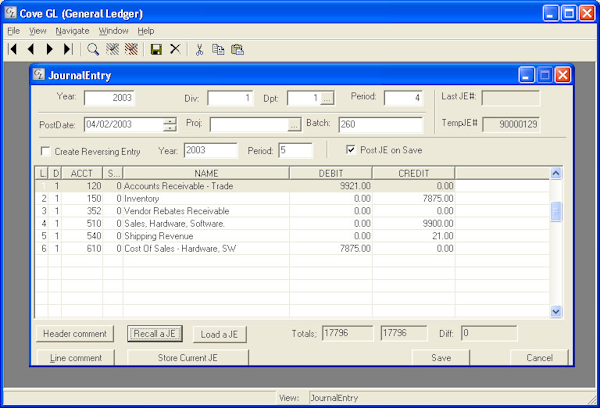 The Journal Entry view in the General Ledger.