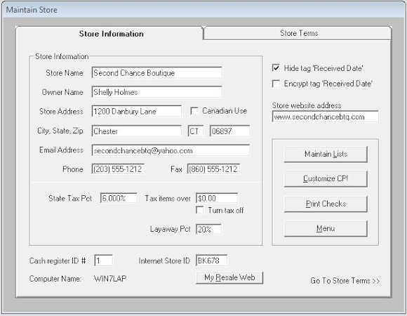ConsignPro Store Setup Screen