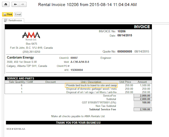 Printable rental invoice