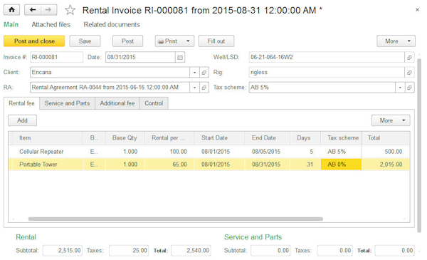 Rental invoice