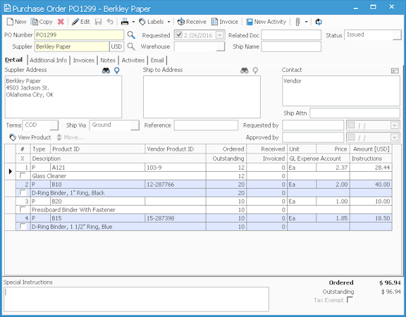 Purchase order window