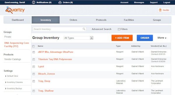 Quartzy inventory portal