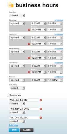 Customizable business hours