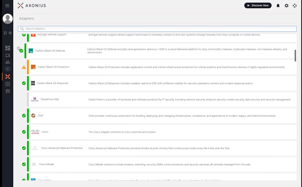Axonius adapter list screenshot
