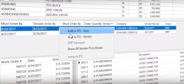 IQMS MRP adding to new PO dialog box screenshot