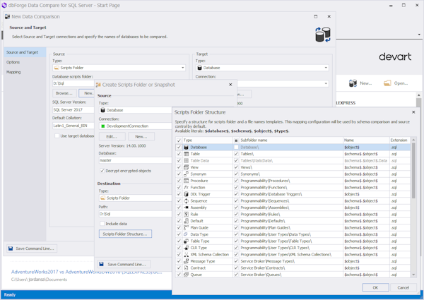 dbForge Data Compare for SQL Server scripts folder screenshot