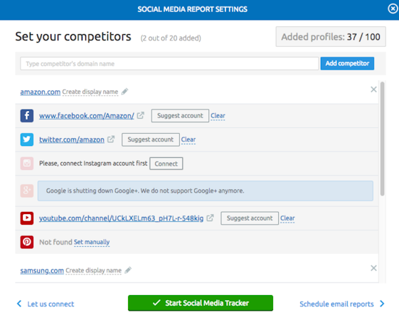 SEMrush social media report settings