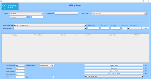 Shubhra Billing Management billing page