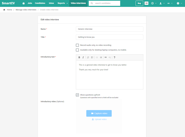 SmartCV create custom video interview questions