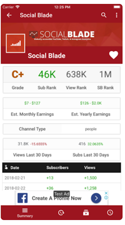 Social Blade account summary