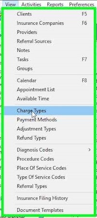 TheraManager DocuTrac setting up new CPT code screenshot