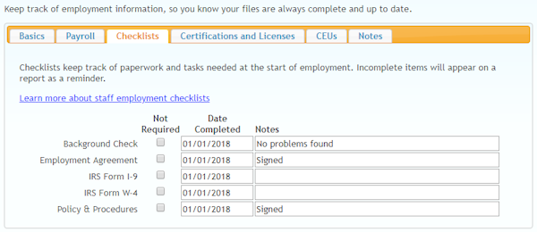Staff Checklists