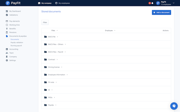 Payfit stored documents screenshot
