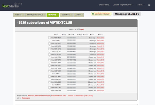TextMarks subscribers list