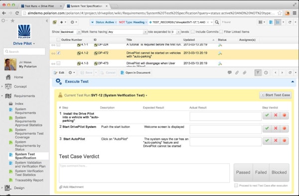 Polarion REQUIREMENTS system test specifications