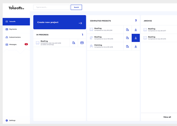 Takeoffs dashboard