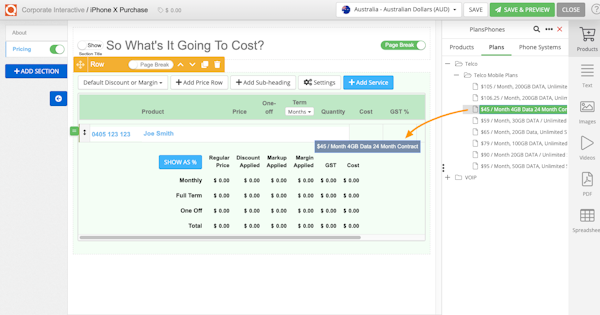 QuoteCloud mobile device add service plan screenshot