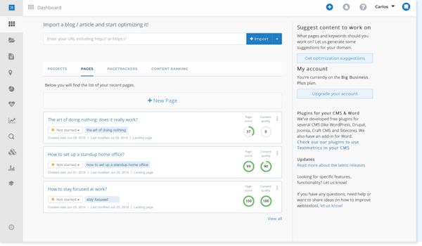 Textmetrics - projects and pages dashboard