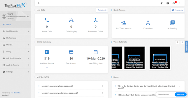 The Real PBX dashboard