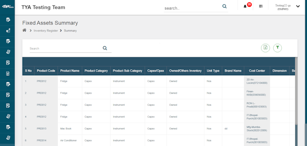 TYASuite Asset Management fixed asset summary