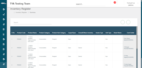 TYASuite Inventory Management inventory register