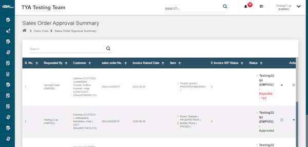 TYASuite Sales Order Management approval summary