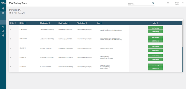 TYASuite Vendor Management pending PO