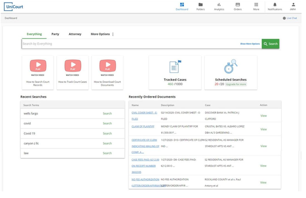 UniCourt dashboard