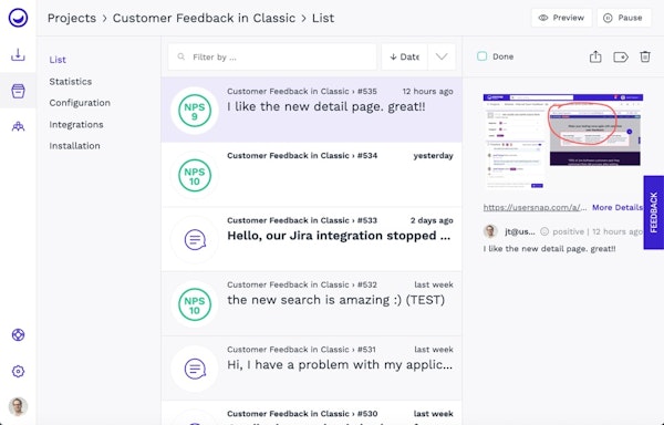 Usersnap feedback list