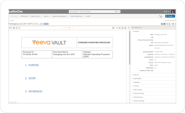 QualityOne document control screenshot