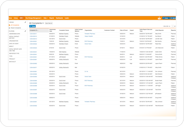 QualityOne complaint management screenshot