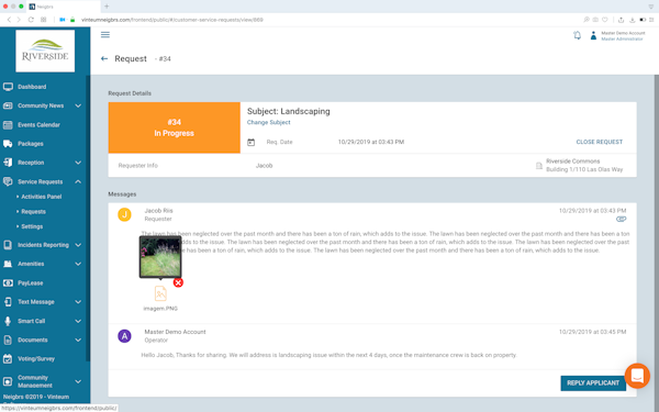 Vinteum service request screenshot