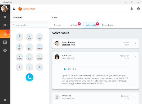 GlobalMeet Collaboration voicemails