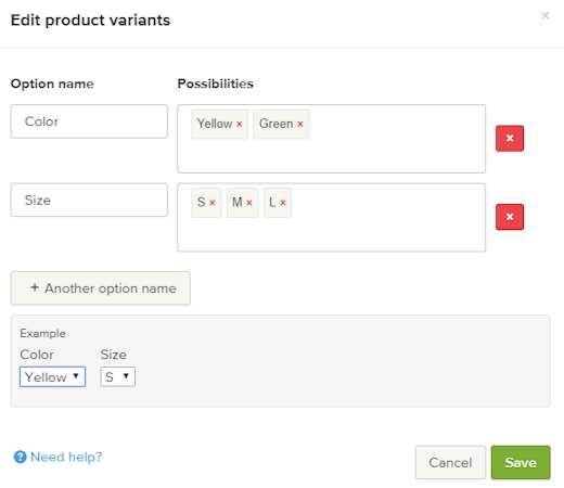 Webador add product variants
