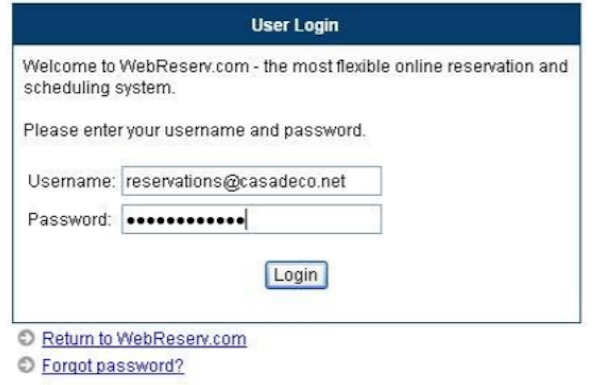 WebReserv user login screenshot