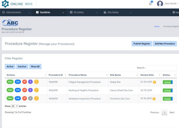 Online WHS Systems procedure register