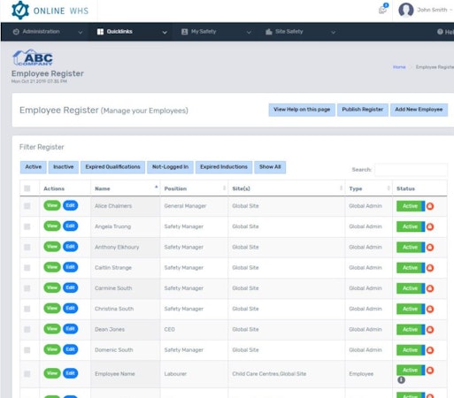 Online WHS Systems employee register