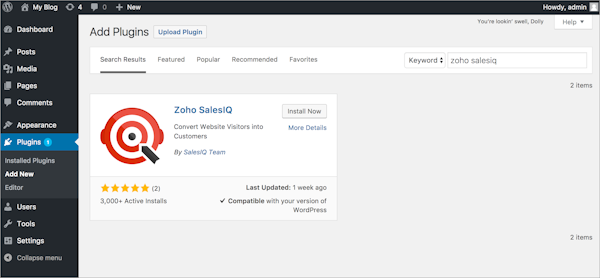 Zoho SalesIQ WordPress integration screenshot