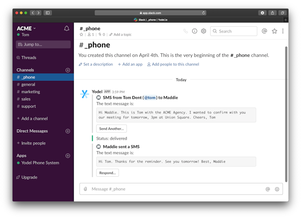 Yodel Slack SMS conversation screenshot