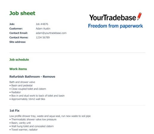 YourTradeBase job sheet