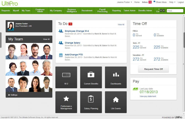Ultipro employee performance management system dashboard screenshot